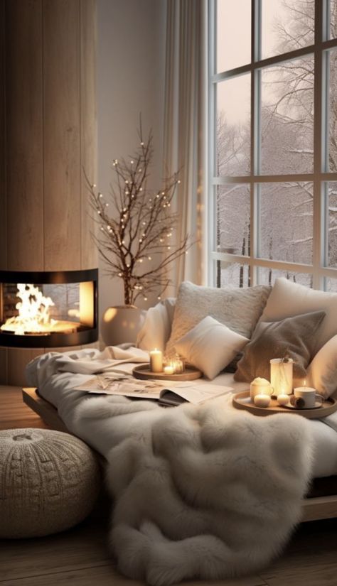 Fireplace Cushion, Sofa Cream, Winter Living Room, Black Fireplace, Grey Cushion, Cream Cushions, Cream Sofa, House Aesthetic, Cosy Living Room