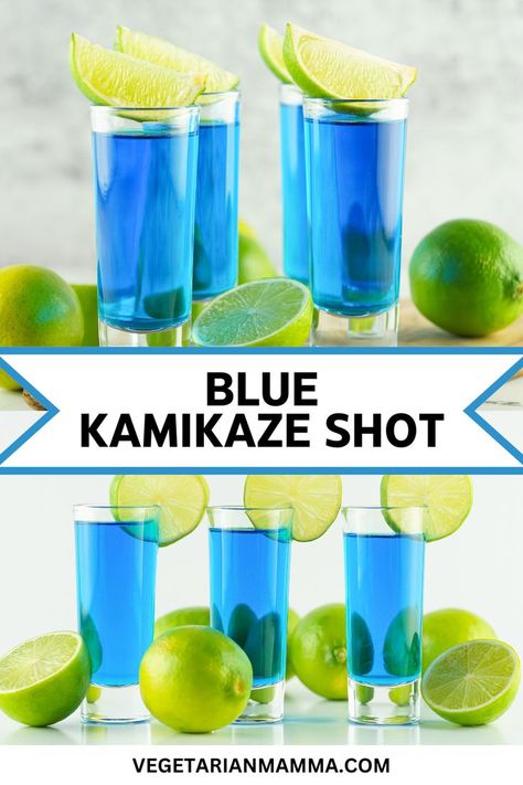 A Blue Kamikaze Shot is a vibrant and refreshing cocktail that will definitely impress your guests! Made with three simple ingredients, this drink not only tastes amazing but also boasts a fun, eye-catching color. Mix vodka, blue curaçao, and lime juice for a delightful burst of flavor in every shot. Whether you're hosting a party or just craving a colorful drink, these blue shooters are sure to be a hit. Blue Curacao Jello Shots, Blue Shots Alcohol, Kamikaze Shot, Blue Kamikaze, Raspberry Jello Shots, Blue Curacao Drinks, Kamikaze Cocktail, Rum Shots, Vodka Blue