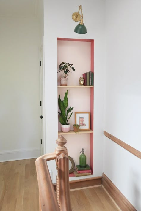 Wall Shelves With Brackets, Shelves With Brackets, Vertical Shelf, Wall Nook, Painted Closet, Easy Diy Home Projects, Two Tone Walls, Pink Paint Colors, Interior Design Masters