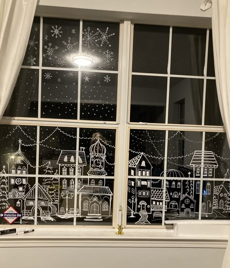 Chalk Paint On Windows Christmas, Christmas Window Houses, Christmas Chalk Window Designs, Christmas Window Home, Window Chalk Ideas, Christmas Windows Drawings, Christmas Window Chalk Pen, Christmas Village Window Painting, Christmas Window Displays Retail Store Fronts