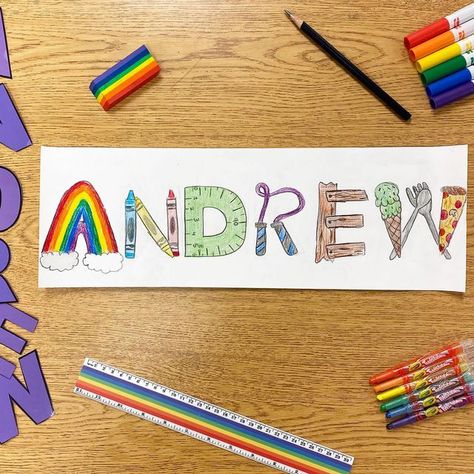 Name Art Ideas, Name Art Projects, First Day Activities, Staff Party, 6th Grade Art, 4th Grade Art, Name Card Design, Elementary Art Projects, High School Art