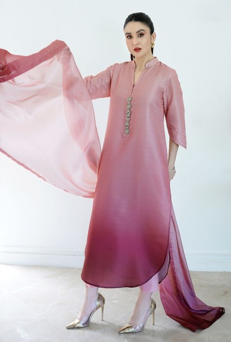 Silk Dress Designs Pakistani, Ombre Suits Indian, Double Shaded Dress, Double Shade Kurti Designs, Double Shade Dress, Ombre Dress Indian, Plain Silk Dress, Monochromatic Dress, Pakistani Party Wear Dresses