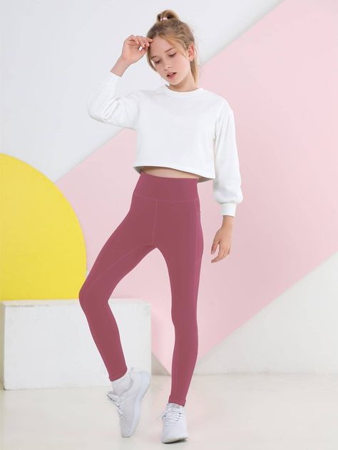 Dusty Pink  Collar  Fabric Plain Regular Embellished High Stretch  Tween Girls Clothing Teen Leggings Outfit, Gender Fluid Fashion, Kids Camp, Girl Leggings, Estilo Fitness, Perfect Leggings, Cute Gym Outfits