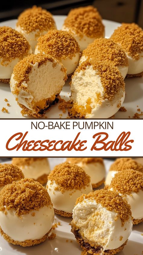 BEST Ever Pumpkin Recipes Board: No-Bake Pumpkin Cheesecake Balls Pumpkin Cheesecake Bites Recipes, Pumpkin Cream Cheesecake Balls, Pumpkin No Bake Balls, No Bake Pumpkin Cheese Balls, No Bake Pumpkin Cheesecake Balls Recipe, Pumpkin Bites No Bake, Pumpkin Cream Cheese Balls, Pumpkin Balls Cream Cheese, No Bake Pumpkin Cheesecake Bites