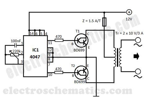 DIY 12V to 220V DC to AC converter built with CMOS 4047 Electronics Engineering Projects, Electronic Circuit Design, Power Supply Circuit, Off Grid Power, Electronics Basics, Electronic Schematics, Electronic Circuit Projects, Power Inverters, Electronic Circuit