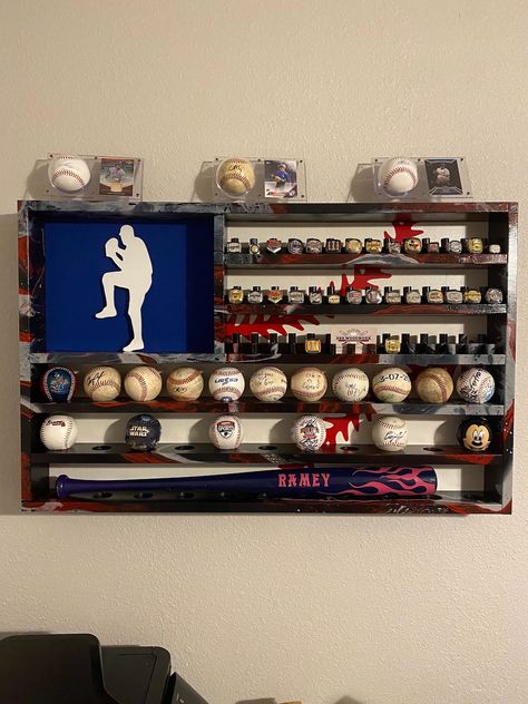 Hydro-dipped Baseball Flag Championship Ring and Ball Display - Etsy Baseball Desks, Baseball Themed Bedroom, Baseball Trophy, Dip Colors, Backyard Fort, Ring Display Case, Baseball Ring, Baseball Bedroom, Baseball Flag