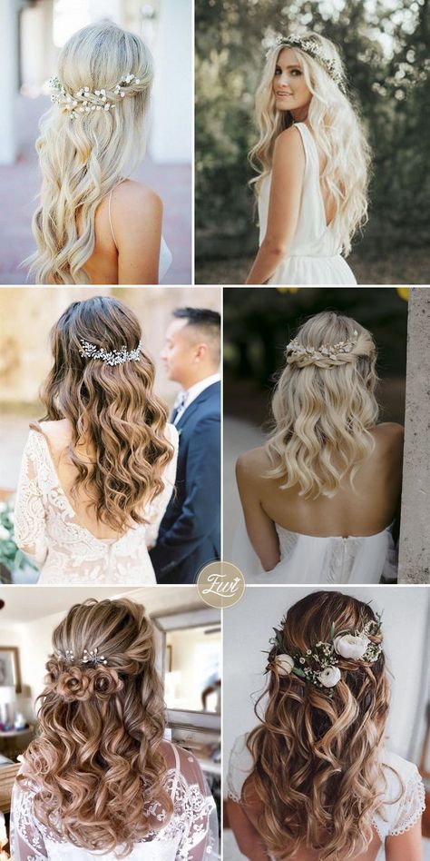 Wedding Hairstyles With Crown, Wedding Hair Half, Wedding Hair Up, Hairstyles Homecoming, Flower Crown Hairstyle, Beach Wedding Hair, Long Hair Wedding Styles, Homecoming Hair Down, Wedding Hair Inspiration