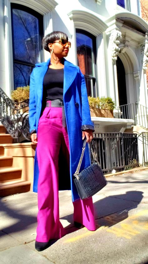 Cobalt Coat Outfits, Pink And Blue Combo Outfit, Purple Wide Leg Pants Outfit, Pink And Blue Outfit Aesthetic, Royal Blue Trousers Outfit, Royal Blue Coat Outfit, Pink And Blue Outfits For Women, Royal Blue Cardigan Outfit, Magenta Pants Outfit