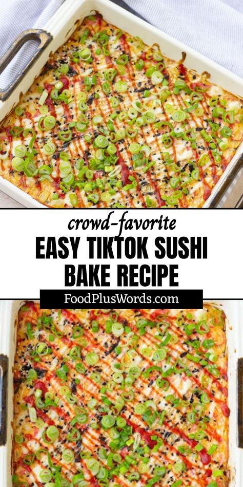 Check out this super popular and yummy TikTok Sushi Bake recipe! It's like a sushi roll in casserole form – so cool! Great for parties, it's creamy and delicious. This awesome dish is full of seafood goodness, and you can even watch a video to help you make it. It's healthy too! In under 40 minutes, you'll have a perfect potluck dish that everyone will love. Don't miss out on this viral recipe sensation! Sushi Bake Tiktok, Sushi Bake California Roll, Dairy Free Sushi Bake, Sushi Pan Recipe, Tiktok Sushi Bake, Teriyaki Chicken Sushi Bake, California Roll Sushi Bake Recipe, Lazy Sushi Bake, Tuna Sushi Bake Recipe Easy