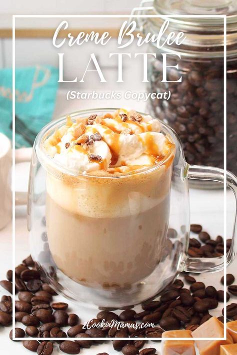 Indulge in this easy homemade Caramel Brulee Latte recipe. Rich espresso, creamy milk, and velvety caramel get topped with whipped cream and a toffee crunch to make Starbucks coffee magic at home! Four ingredients and 5 minutes for a coffee house drink you can enjoy any time of year! Creme Brulee Latte Recipe, Creme Brulee Latte, Creme Brulee Coffee, Starbucks Seasonal Drinks, Starbucks Caramel Brulee, Caramel Brulee, Coffee Banana Smoothie, Caramel Creme Brulee, French Vanilla Syrup