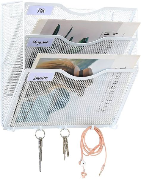 EasyPAG 3 Tier A4 Mesh in Tray Wall Pocket File Holder Mail Organiser Magazine Storage Rack with 5 Hooks for Keys,White : Amazon.co.uk: Stationery & Office Supplies Wall File Holder, Wand Organizer, Wall File, Office Supplies Desk Accessories, Magazine Storage, Document Folder, Office Branding, File Holder, Mail Organizer