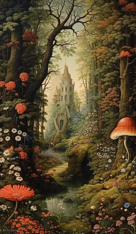 Enchanted Forest Princess Aesthetic, Fairy Castle Illustration, Enchanted Forest Moodboard, Fairytale Concept Art, Fairytale Wallpaper Aesthetic, Fairytale Illustration Vintage, Old Fairytale Illustration, Fairytale Art Illustration, Vintage Fairytale Art