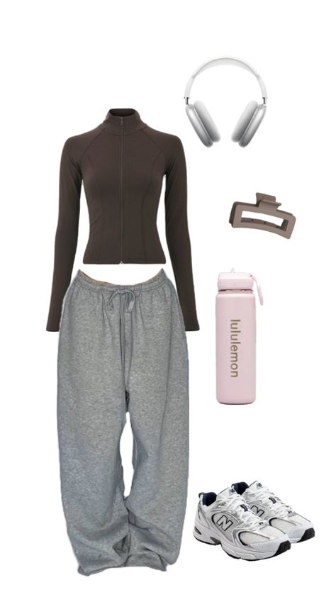 Soft Zip up jacket, grey sweatpants, apple headphones, new balance, lululemon bottle Lululemon Bottle, Outfit With Sweatpants, Outfits With Grey Sweatpants, Outfit Sweatpants, Lululemon Sweatpants, Apple Headphones, Gym Jacket, Lululemon Outfits, Sweatpants Outfit