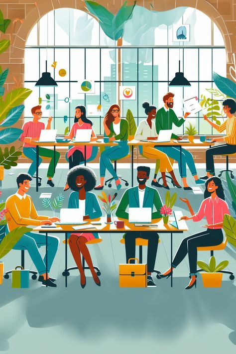 An illustration depicts people working in an office setting, sitting at desks, laughing, and engaging in conversation. The vibrant colors add energy and vibrancy to the scene.  #iilustration #wprime #wprimewebagency Working Together Illustration, Together Illustration, Office Gossip, Working In An Office, People Working Together, Office Setting, Working People, Office Set, People Laughing