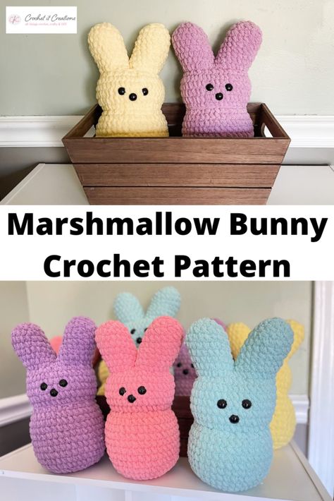 Marshmallow Bunny Crochet Pattern - Crochet It Creations Crochet Marshmallow Bunny Pattern, Crochet Bunny Peeps Free Pattern, Crochet Easter Peeps Patterns Free, Free Peep Crochet Pattern, Peep Bunny Crochet Pattern, Free Crochet Pattern Squishmallow, Free Crochet Peeps Pattern, Crochet Patterns For Spring, Crochet Easter Amigurumi Free Patterns