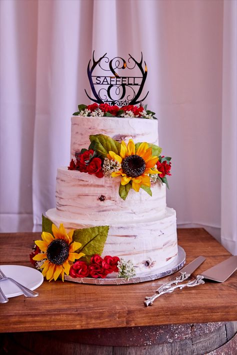 Sunflower And Roses Wedding Cake, Sunflower And Rose Wedding Cake, Red Roses And Sunflower Wedding Decor, Wedding Cake With Sunflowers And Roses, Wine Red And Sunflower Wedding, Sunflower Red Roses Wedding, Sunflower And Red Rose Wedding Cake, Red Sunflower Wedding, Red Rose Wedding Cake