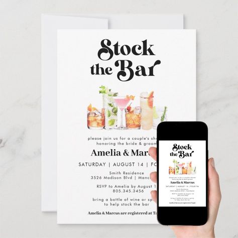 Stock the Bar Couple's Wedding Shower Invitation  Zazzle Wedding Shower Invitation, Bridal Shower Inspo, Couple Wedding Shower, Zazzle Wedding, Wedding Anniversary Invitations, Wedding Shower Invitations, Bar Party, Anniversary Invitations, Couple Shower