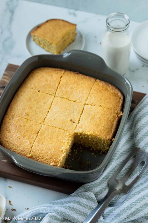 Sweet, tender-crumbed, easily customizable, and perfect for serving with a bowl of chili, this recipe for Cornbread Without Milk has all the flavor you crave while managing to stay dairy-free. Made in just one bowl with fewer than 10 ingredients! (Gluten-Free option available) No Milk Cornbread Recipe, Cornbread No Milk, Cornbread Recipe No Milk, Cornbread Without Milk, Cornbread Dairy Free, Cornbread Recipe Without Milk, Gluten Free Dairy Free Cornbread, Healthy Cornbread Recipe, Dairy Free Cornbread Recipe