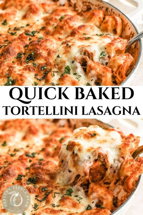 This easy, baked tortellini lasagna is everything you love about lasagna without all the work! Cheese tortellini, ground beef, & ooey-gooey cheeses! Yum! Tortellini Lasagna, Easy Baked Tortellini, Baked Cheese Tortellini, Baked Tortellini Recipes, Baked Tortellini Casserole, Cheese Tortellini Recipes, Baked Tortellini, Lasagna Casserole, Tortellini Bake