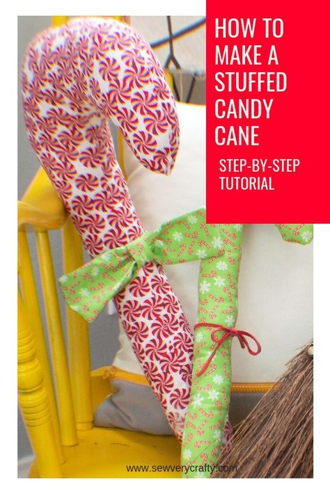 Make these super simple DIY stuffed candy cane pillows.  This step-by-step tutorial will show you how.  For me this project is all about the candy cane fabric.  It is a fun addition to this project.  This candy cane project only takes basic sewing skills and a little bit of fabric to complete. Not only is this a festive Christmas project to make it is quick and easy too.  So give this one a try. #sewingtutorial #sewingproject #sewingpattern Candy Cane Pillow Diy, Fabric Candy Cane, Candy Cane Pillow, Diy Gumball Machine, Giant Candy Cane, Fabric Candy, Basic Sewing, Diy Candy, Christmas Makes