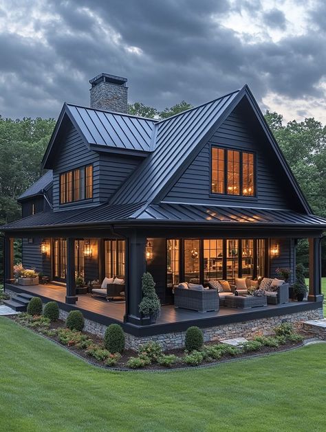 Houses With Black Siding, Black One Story House, House Dark Exterior, Black And Stone House Exterior, Black Ranch House, Black Houses Exterior, Black Siding Exterior, All Black Houses, Dark Exterior Homes