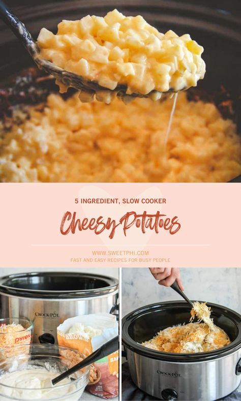 5 Ingredient Slow Cooker Cheesy Potatoes Recipe - Sweetphi Slow Cooker Cheesy Potatoes, Cheesy Potatoes Recipe, Crock Pot Potatoes, Coconut Dessert, Gateaux Cake, Crockpot Dishes, Cheesy Potatoes, Super Easy Recipes, Crockpot Recipes Slow Cooker