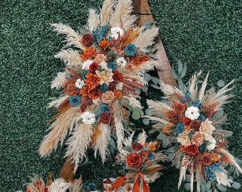 Burnt Orange and Teal Eucalyptus and Pampas Wedding Arch Arrangement Flowers, Boho Fall Flowers Backdrop Decor, Customizable Wedding Decor - Etsy Rust Eucalyptus, Pampas Wedding Arch, Teal Fall Wedding, Eucalyptus And Pampas, Teal And Burnt Orange, Teal Wedding Theme, Sweetheart Table Centerpiece, Pampas Wedding, Arch Arrangement