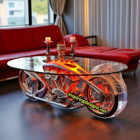 These Harley Davidson Motorcycle Coffee Tables Will Rev Up Your Living Room – Inspiring Designs Harley Davidson Kunst, Moter Cycle, Old Harley Davidson, Toilet Designs, Harley Davidson Decor, Hummer Limo, Bar Counters, Harley Davidson Artwork, Custom Tables