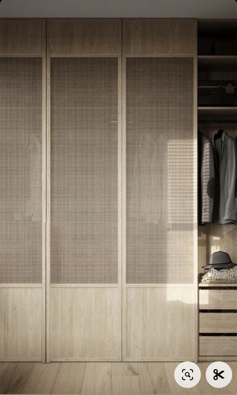 Rattan Walk In Closet, Japandi Dressing Room, Rattan Wardrobe Doors, Built In Wardrobe Ideas Layout, Japandi Wardrobe, Shoji Doors, Tropical Luxury, Open Wardrobe, Loft Lighting