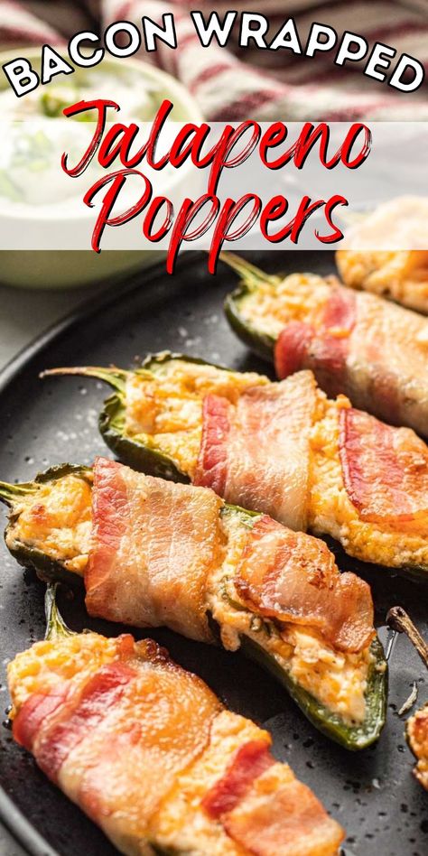 These cheesy and crispy Bacon Wrapped Jalapeño Poppers are filled with cream cheese and wrapped with crispy bacon for the ultimate summer snack! Bacon Wrapped Cream Cheese Jalapenos, Bacon Wrapped Jalapeños, Jalapeño Snacks, Jalapeno Bacon Wrapped, Jalapeno Appetizer, Bacon Wrapped Jalapeno Poppers, Jalapeno Popper Recipes, Bacon Wrapped Jalapenos, Bacon Wrapped Dates