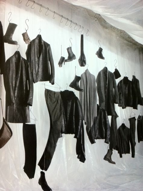 recognize the clothes & shoes as MA+ but not sure where this installation was photographed (no source online) Clothes Hanging Aesthetic, Clothing Installation, Hanged Clothes, Floating Clothes, Mm Paris, Fashion Installation, Clothes Hanging, Anti Fashion, Archive Fashion