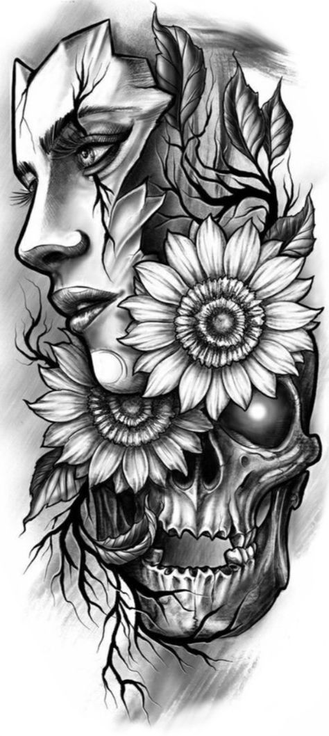 Facial Portrait, Aztec Artwork, Sunflower Tattoo Sleeve, Portrait Drawings, Skull Tattoo Design, Tattoo Me, Skull Drawing, Sunflower Tattoo, Arm Tattoos For Guys