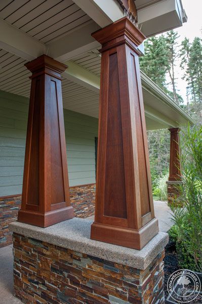 Exterior Wood Columns Outside Wood Columns, Craftsman Columns Interior, Craftsman Style Pillars Columns, Craftsman Porch Columns, Stone Piller Design Columns, Wood Columns With Stone Base, Timber Column, Craftsman Style Porch, Craftsman Columns