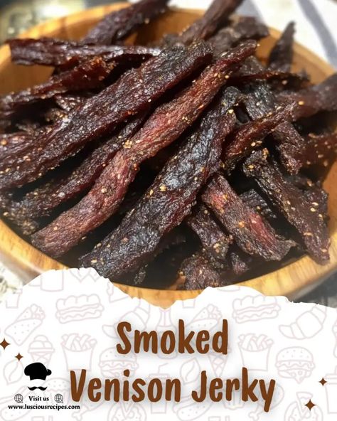 Smoked Venison Jerky Recipe - Luscious Recipes Teriyaki Deer Jerky Recipe, Venison Jerky Marinade Recipes, Smoked Jerky Recipes, Jerky Seasoning Recipe, Savory Stuffing Recipes, Jerky Marinade Recipes, Deer Jerky Recipe, Venison Jerky Recipe, Jerkey Recipes