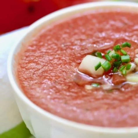 Chilled Watermelon Gazpacho Soup - Grits and Pinecones Watermelon Soup, Cold Soup Recipes, Cold Soups, Gazpacho Soup, Light Soups, Easy Summer Dinners, Birthday Menu, Summer Soup, Watermelon Gazpacho