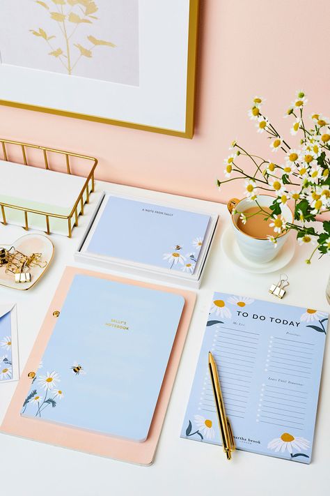 A bright lovely desk filled with spring stationery including a sky blue notebook, along with a matching wild flower desk pad and notecards. Next to it is a cup of tea and fresh daisies. Wild Daisy, Stationery Obsession, To Do Planner, Note Pad Design, Business Stationary, Study Stationery, Daisy Design, Stationary Design, Agenda Planner