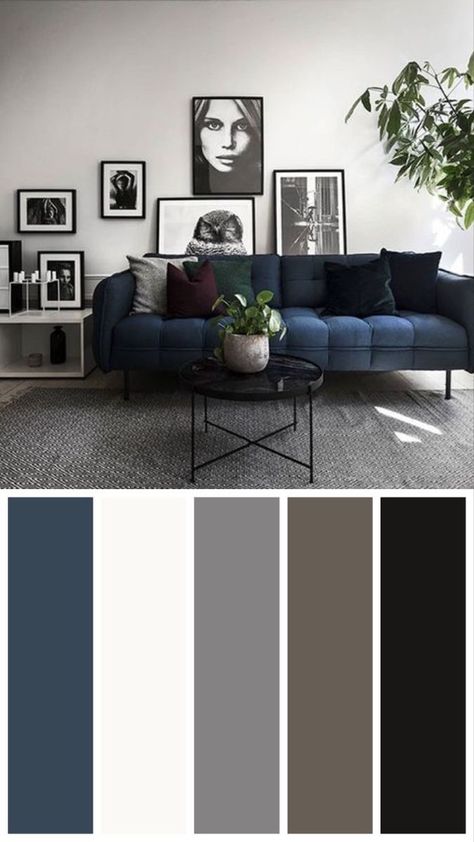 Petrol Blue Sofa Living Room Ideas, Dark Gray And Navy Living Room, Modern Boho Living Room Black, Blue Furniture Living Room Ideas, Boho Living Room Black, Blue Sofa Interior, Blue Color Palette Living Room, Home Color Palettes, Living Room Modern Boho