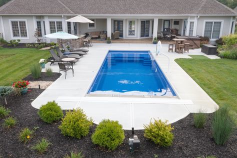 Swimming Pools Backyard Inground, Pool Patio Designs, Landscaping Around Pool, Small Inground Pool, Pool And Patio, Inground Pool Landscaping, Simple Backyard, Cheap Pool, Rectangle Pool