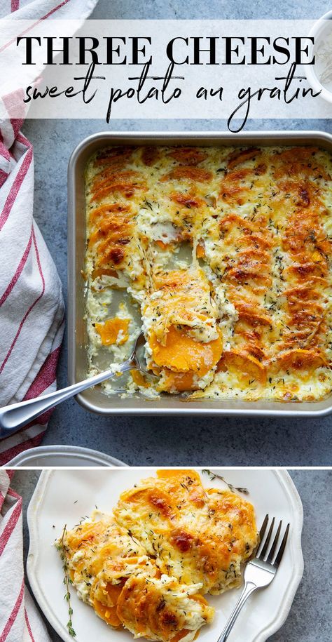 Potato And Sweet Potato Gratin, Sweet Potato Au Gratin Thanksgiving, Best Potato Au Gratin Recipe, Au Gratin Sweet Potatoes, Sweet Potato With Goat Cheese, Cheesy Sweet Potato Recipes, Sweet Potatoes Au Gratin, Sweet Potato Gratin Recipes, Sweet Potato Au Gratin Recipes