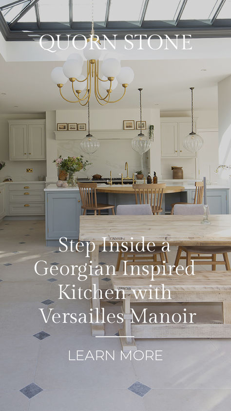 A Georgian-inspired kitchen exudes timeless elegance and classic charm. Drawing its inspiration from the architectural and design principles of the Georgian era, this kitchen style showcases a harmonious blend of balance, proportion, and refined details. Step inside a Georgian inspired kitchen featuring the Versailles Manoir softly aged limestone flooring. Georgian Style Kitchen, Limestone Flooring Kitchen, Charm Drawing, Georgian Kitchen, Georgian Revival, Stone Step, Flooring Kitchen, Roof Lantern, Hosting Dinner