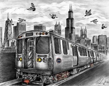 Pencil Drawing- Chicago commuter train and skyline. Description from etsy.com. I searched for this on bing.com/images Chicago Skyline Drawing, Chicago Skyline Tattoo, Chicago El Train, Train Sketch, Train Tattoo, Train Artwork, Chicago Painting, Skyline Tattoo, Skyline Drawing