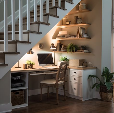 Under Stair Decor Ideas, Built In Bench By Stairs, Stairwell Space Ideas, Using Space Under Stairs Ideas, Understairs Craft Space, Under Stair Open Space, Upstairs Ideas Layout, Computer Under Stairs, Desk Nook Under Stairs