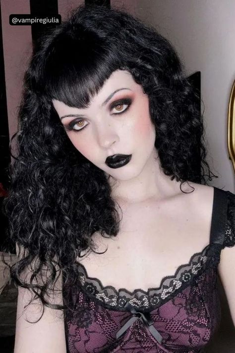 Vampire Bangs On Curly Hair Gothic Hairstyle, Bangs On Curly Hair, Vampire Hair, Goth Hairstyles, V Bangs, Elegant Goth, Bangs Tutorial, Gothic Hairstyles, Goth Hair