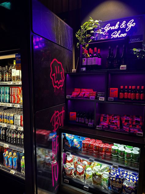 #aesthetic #wallpaper #neon #light #snack #bar #ideas #room #roomdecoration Beauty Salon Snack Bar, Gaming Room Snack Bar, Vibey Game Room, Snack Bar Bedroom, Snack Bar Aesthetic, Neon Bar Aesthetic, Dispensary Interior Design, Neon Bar Design, Basement Snack Bar Ideas