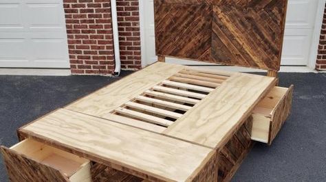 Farmhouse Bed With Drawers, Scrap Wood Storage, Storage Bed With Drawers, Wood Storage Bed, Rustic Furniture Plans, Diy King Bed, Diy Farmhouse Bed, Bed With Drawers Underneath, King Size Storage Bed