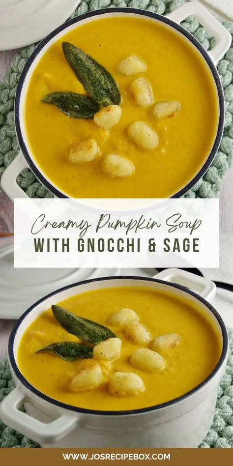 Creamy Pumpkin Soup with Gnocchi & Sage Recipes With Sage, Soup With Gnocchi, Sage Soup, Pumpkin Sausage, Creamy Pumpkin Soup, Gnocchi Soup, Fresh Sage, Pumpkin Season, Pumpkin Seasoning