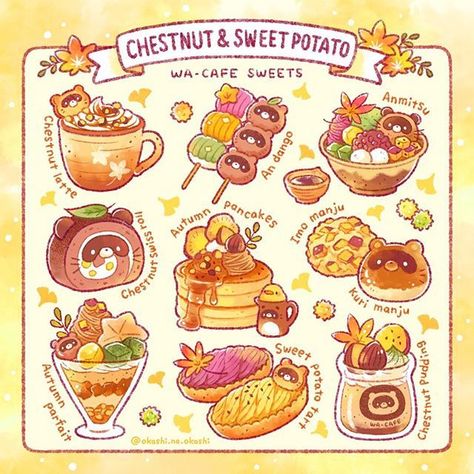 Autumn Sweets, Dessert Art, Aesthetic Foods, Chibi Food, Food Doodles, 귀여운 음식 그림, Food Drawings, Foodie Art, Food Artwork