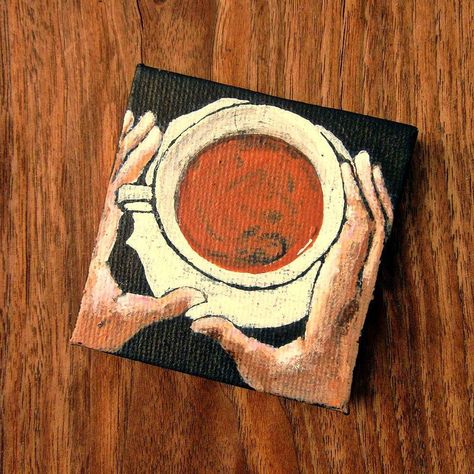 Mini Art Paintings, Cup Of Coffee Painting, Square Painting Ideas, Paint Tutorial, Abstract Art Images, Sky Art Painting, Trash Art, Small Canvas Paintings, Coffee Painting