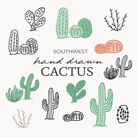 Cactus Clip Art Hand Drawn Southwest Desert Doodle Set | Etsy Cacti Doodles, Desert Doodles Drawing, Cactus Doodle Simple, Arizona Doodles, Doodle Themes, Desert Bullet Journal, Desert Doodles, Desert Drawing Simple, Cactus Outline