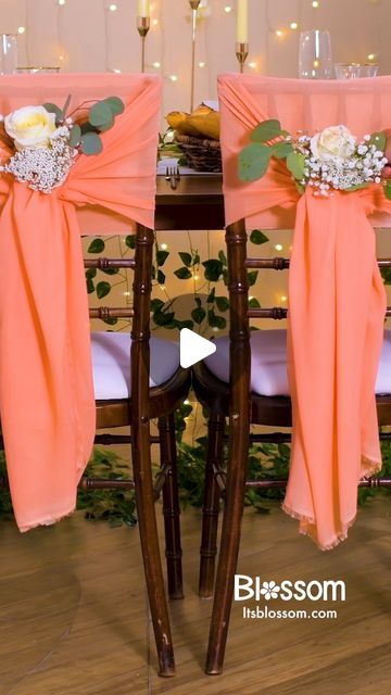 Blossom on Instagram: "These chairs are perfect for your special event!" Decorated Chairs For Party, Diy Chair Covers Party, Diy Chair Back Covers, Diy Wedding Chair Covers, Wedding Chair Cover Ideas, Diy Folding Chair Covers, Party Chair Decorations, Wedding Chairs Diy, Unique Event Decor